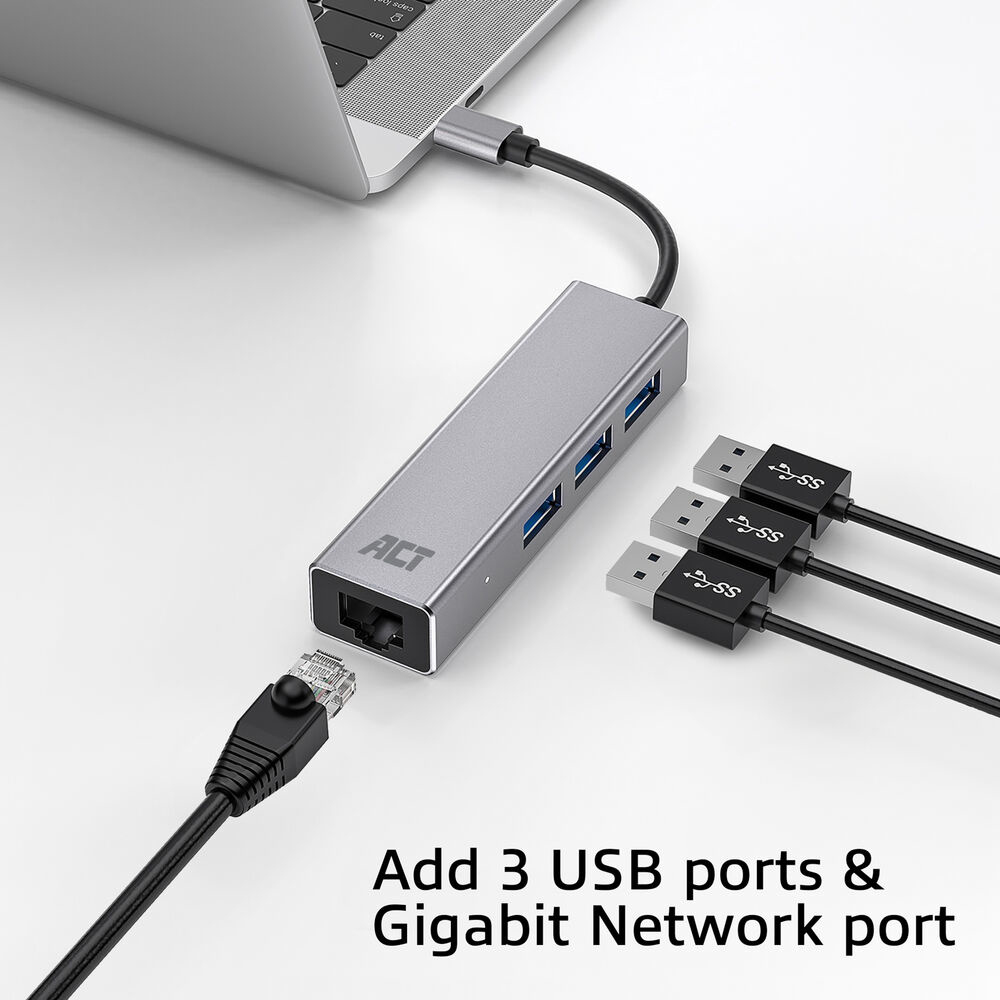 USB-C Hub and Ethernet Adapter 3x USB A female / 1 Gigabit network port