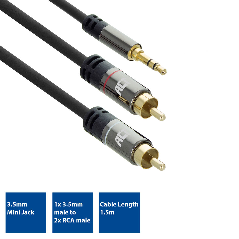High Quality Audio Connection Cable 1x 3.5mm Stereo Jack Male - 2x Rca Male 1.5m