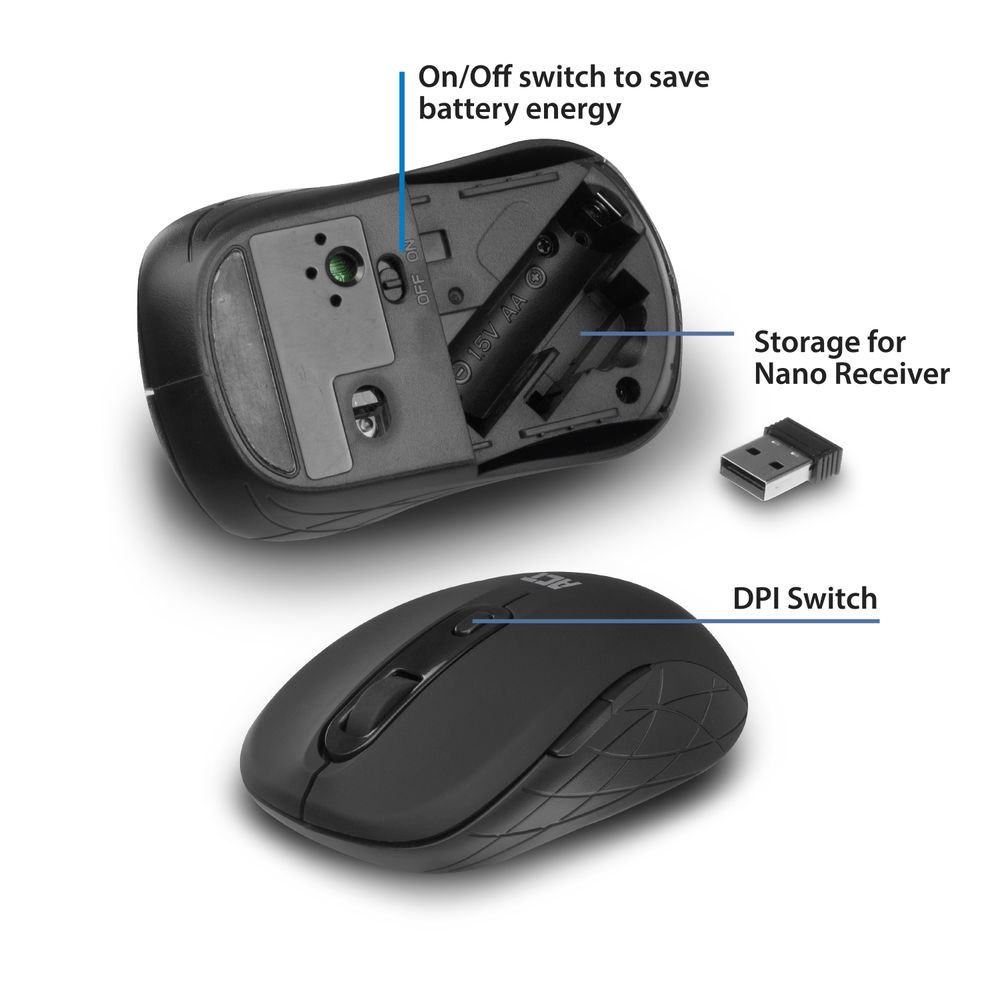 Wireless Mouse USB Nano Receiver 1600 Dpi Black