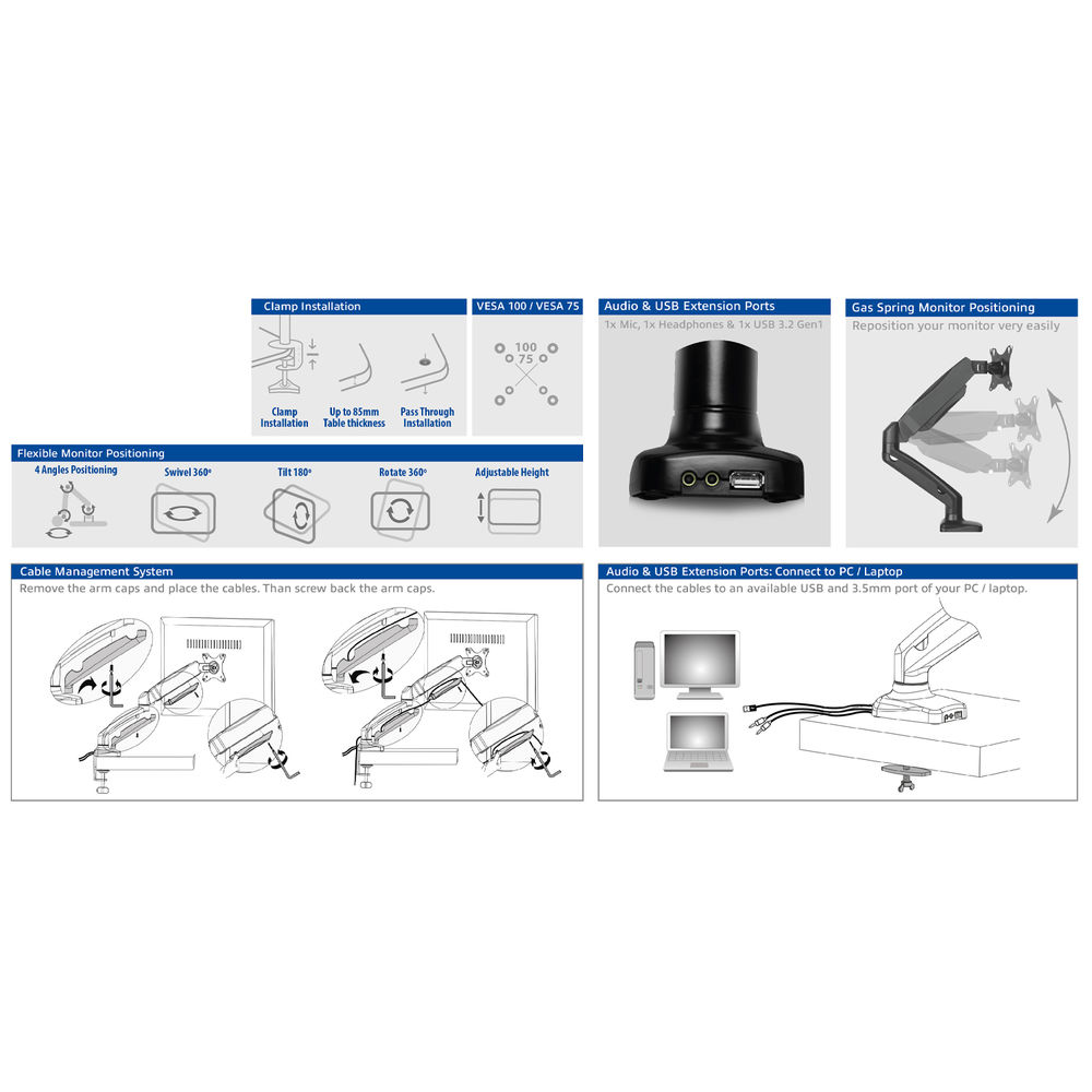 Monitor Desk Mount With Gas Spring 1 Screen Up To 32in With Vesa