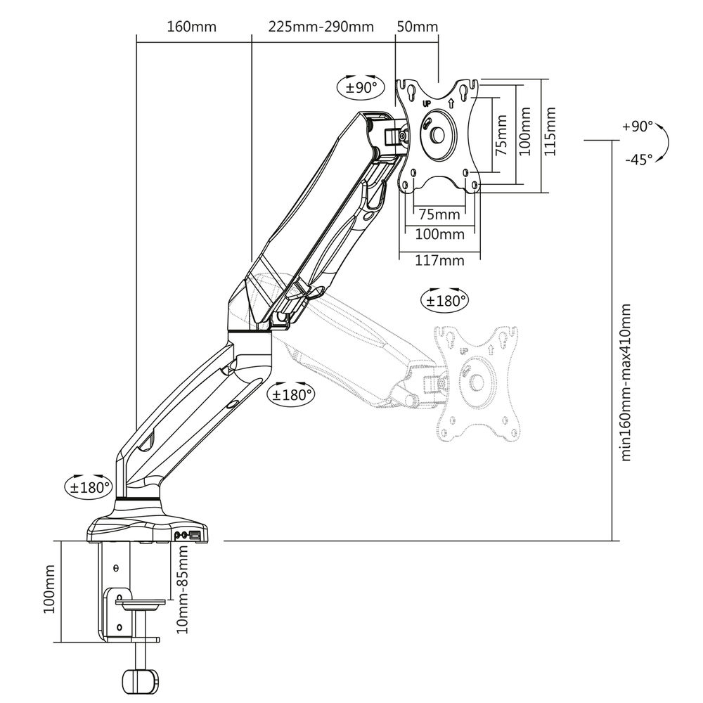 Monitor Desk Mount With Gas Spring 1 Screen Up To 32in With Vesa