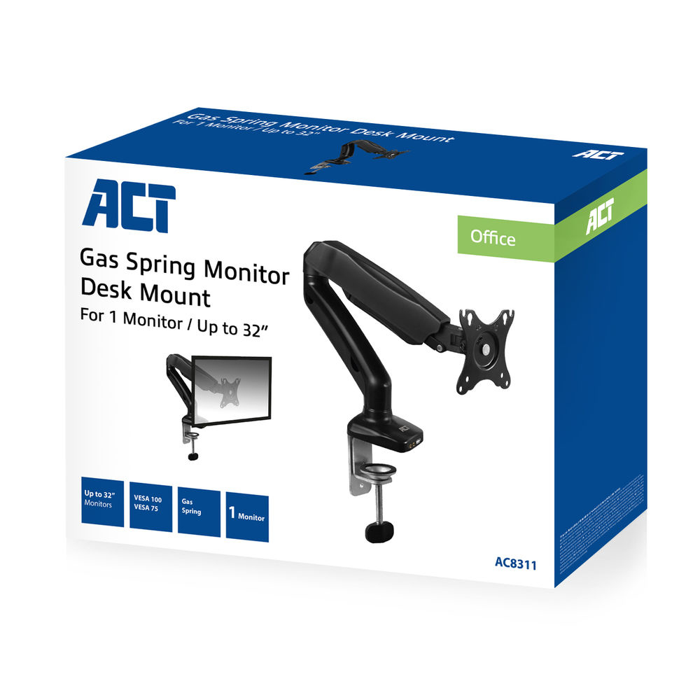 Monitor Desk Mount With Gas Spring 1 Screen Up To 32in With Vesa