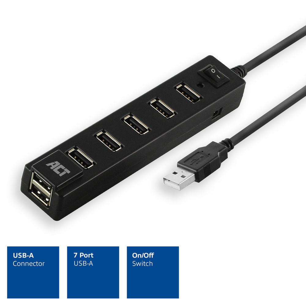 USB Hub 2.0 7x USB-A on and off switch Black