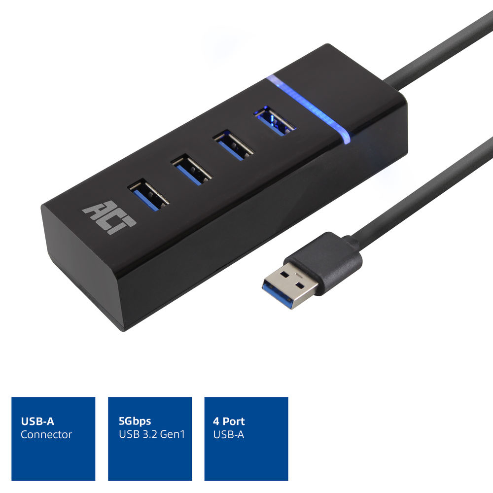 USB Hub 3.2 4x USB-A Ports Black