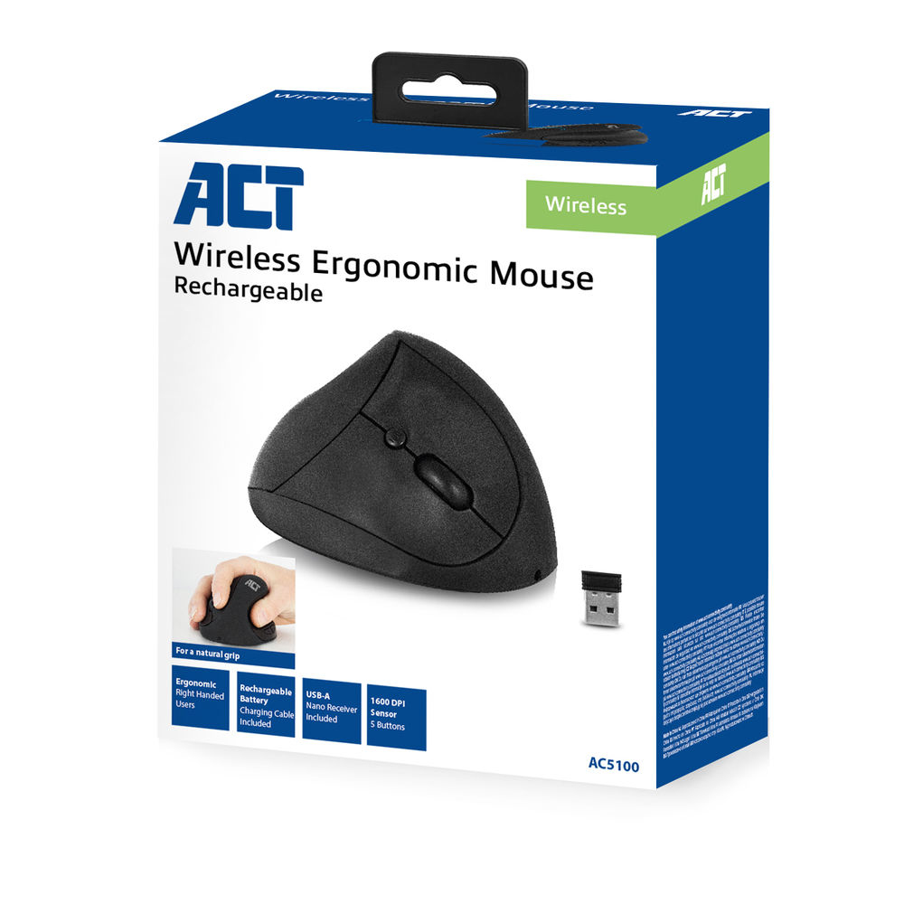 Wireless Ergonomic Mouse USB Nano Receiver 1600 dpi Black