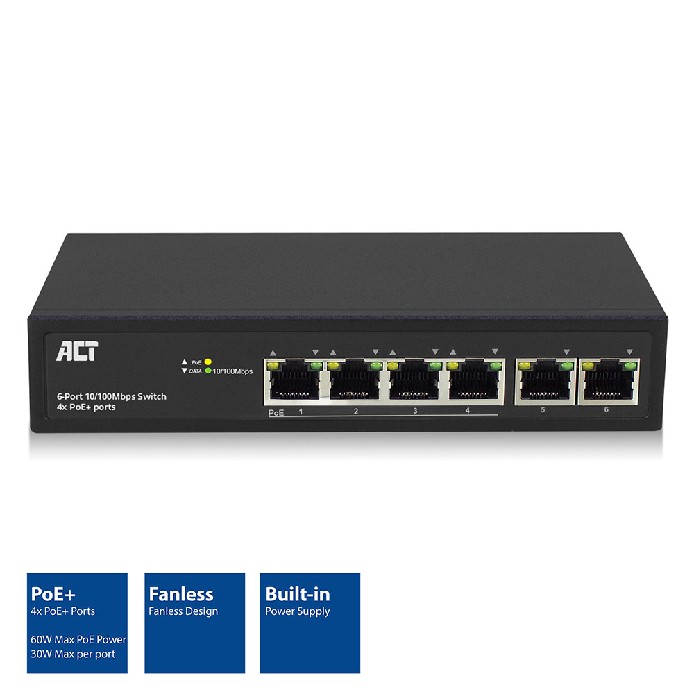 Network Switch -6 port - 10/100mbps. 4x Poe+ (30w) Port