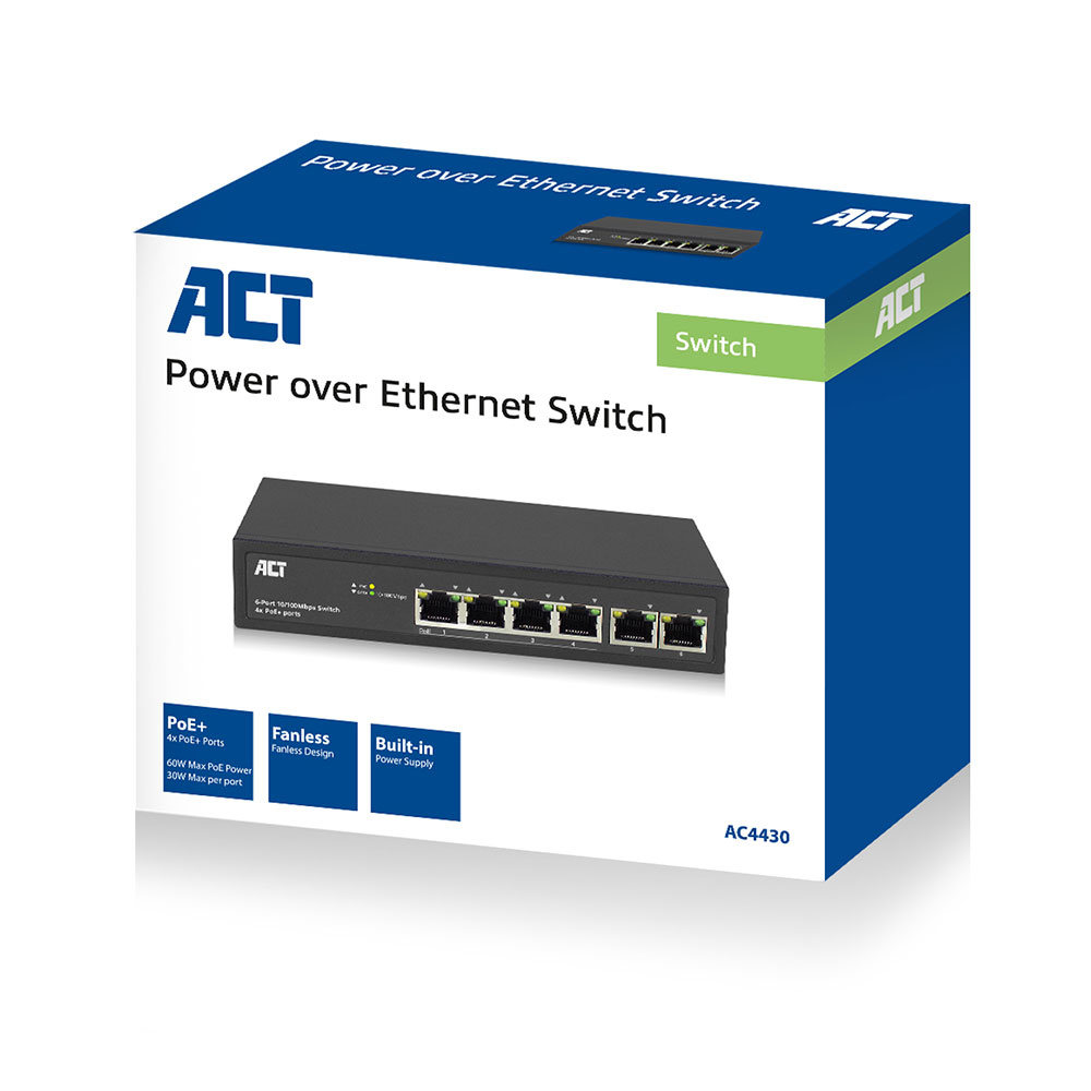 Network Switch -6 port - 10/100mbps. 4x Poe+ (30w) Port