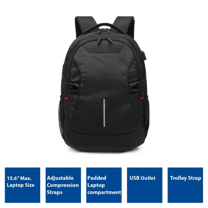 Global Backpack 15.6in Black With USB Charging Port