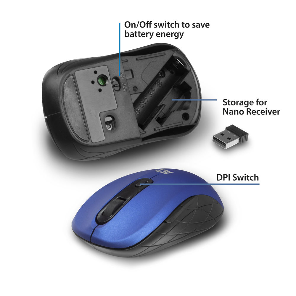 Wireless Mouse USB Nano Receiver 1600 dpi Blue