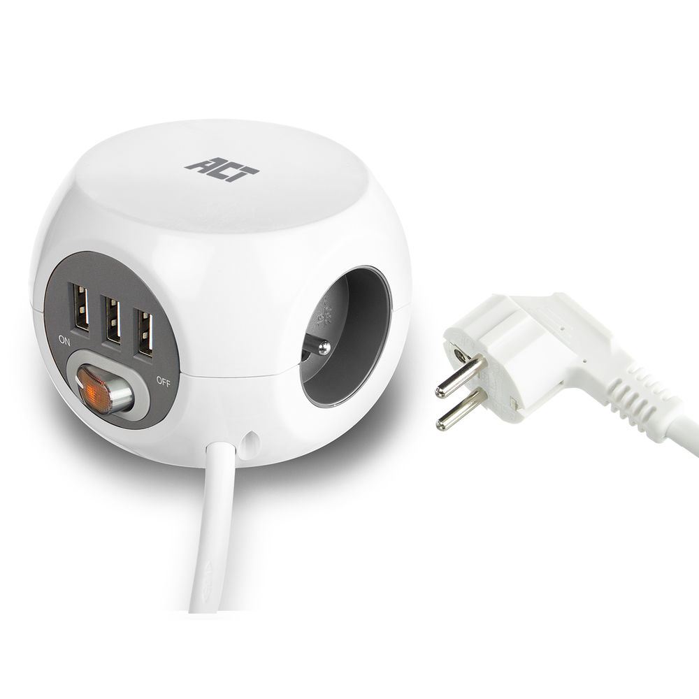Power Socket Cube (PDU) with 3 Sockets Type E 3 USB-A Ports 1.5m White