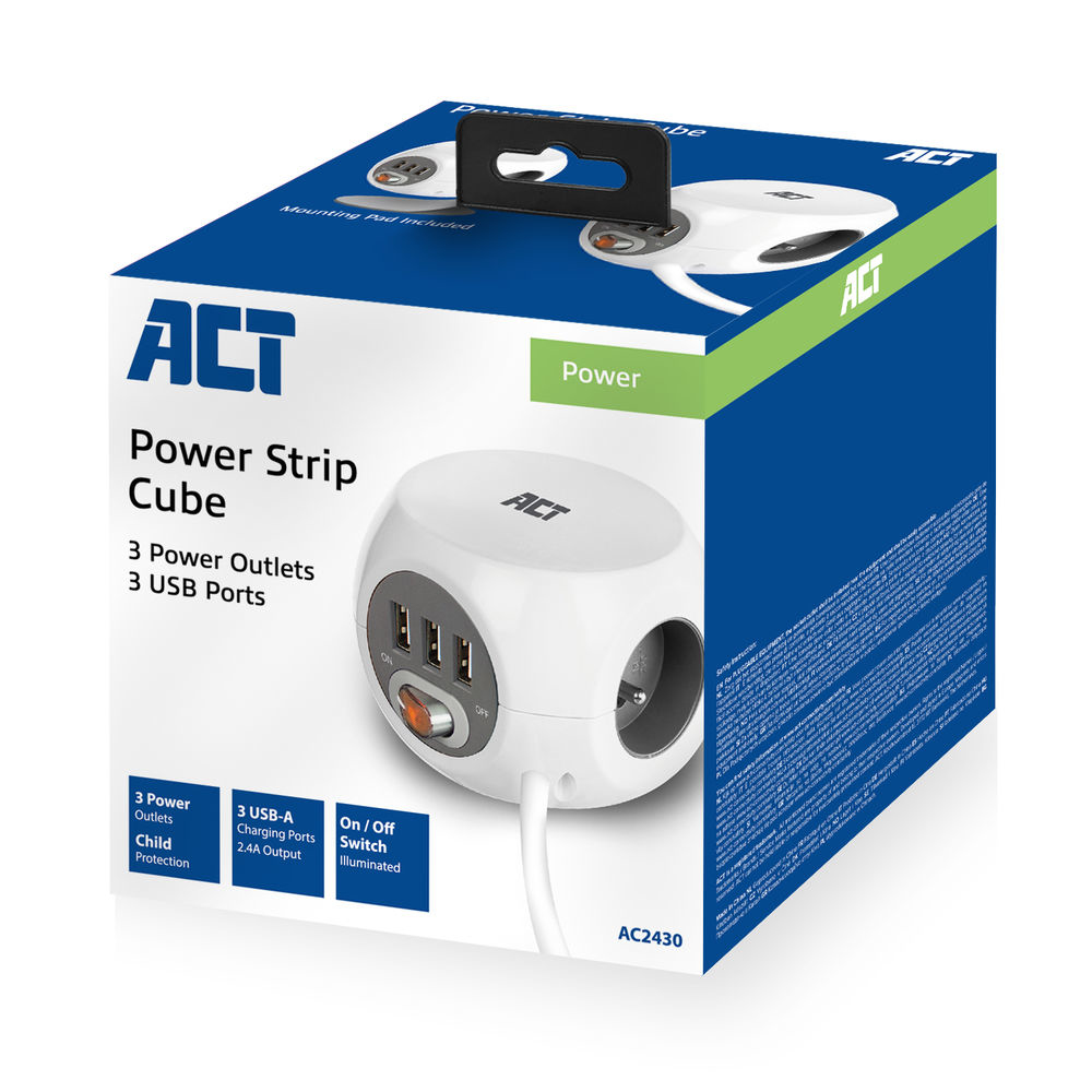 Power Socket Cube (PDU) with 3 Sockets Type E 3 USB-A Ports 1.5m White