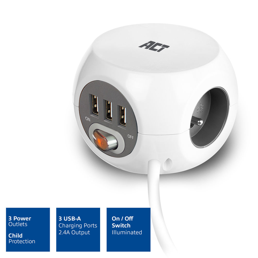 Power Socket Cube (PDU) with 3 Sockets Type E 3 USB-A Ports 1.5m White