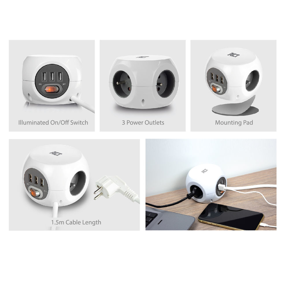 Power Socket Cube (PDU) with 3 Sockets Type E 3 USB-A Ports 1.5m White