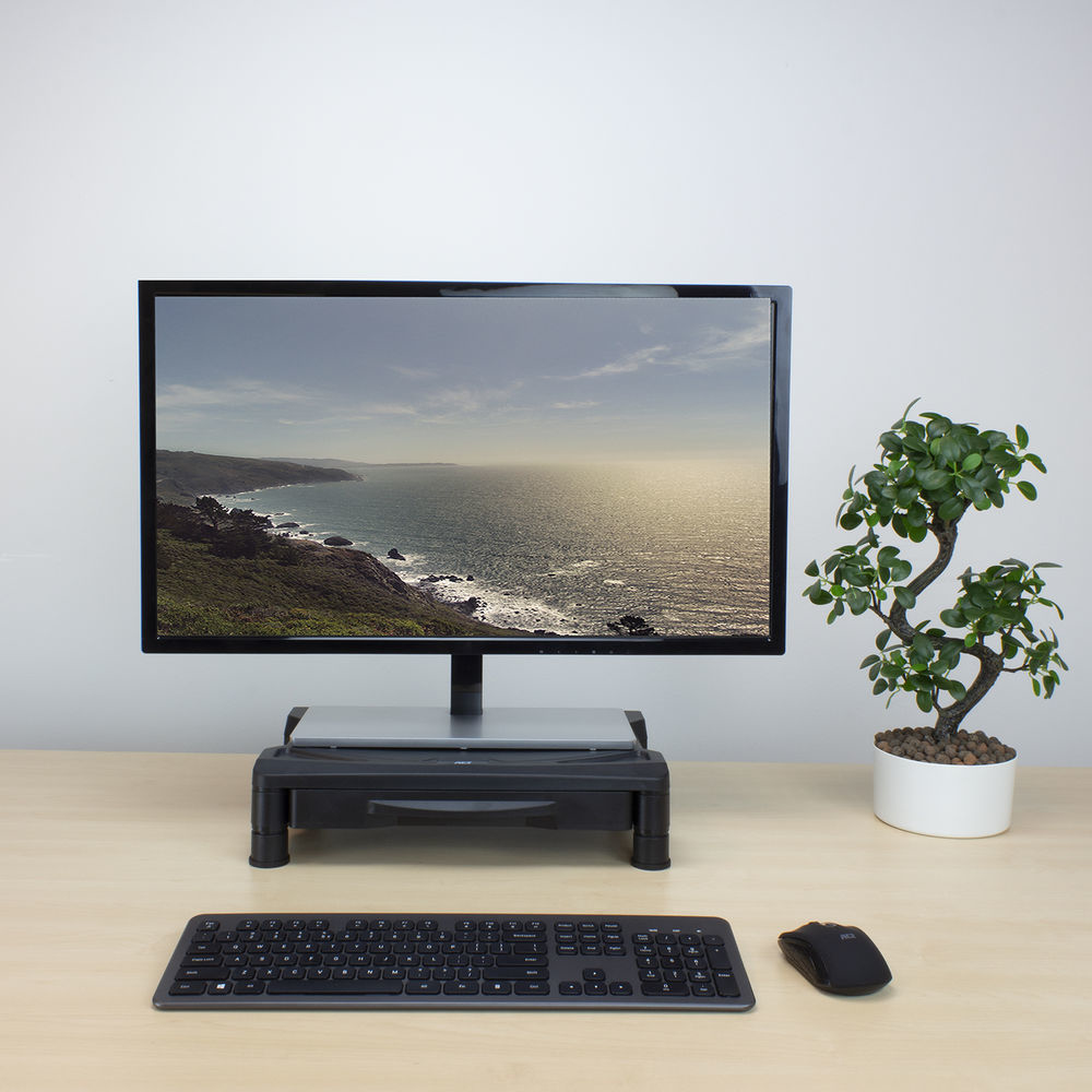 Monitor Stand Extra Wide With Drawer Up To 10kg Adjustable Height Black