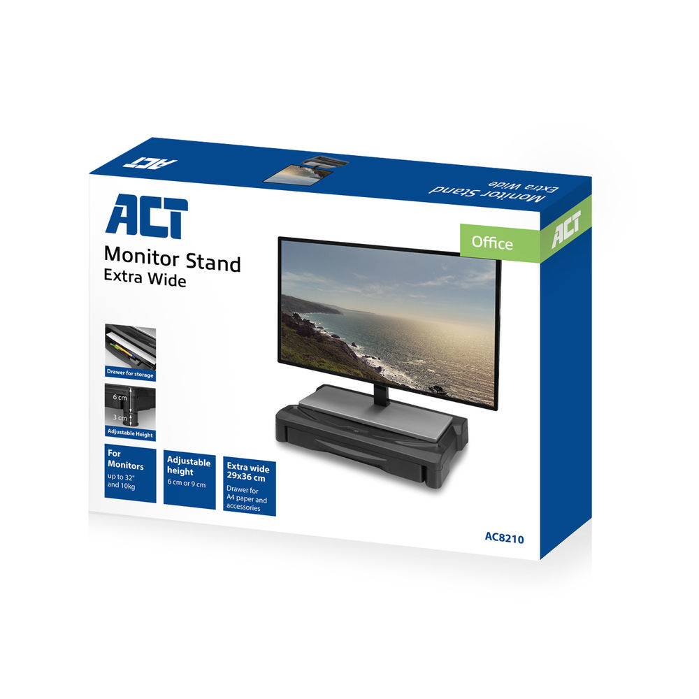 Monitor Stand Extra Wide With Drawer Up To 10kg Adjustable Height Black