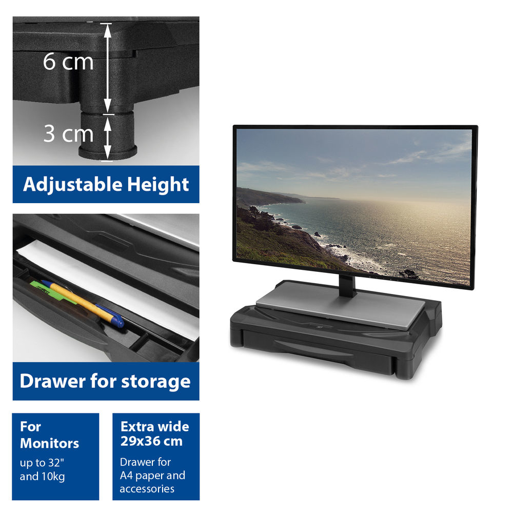 Monitor Stand Extra Wide With Drawer Up To 10kg Adjustable Height Black