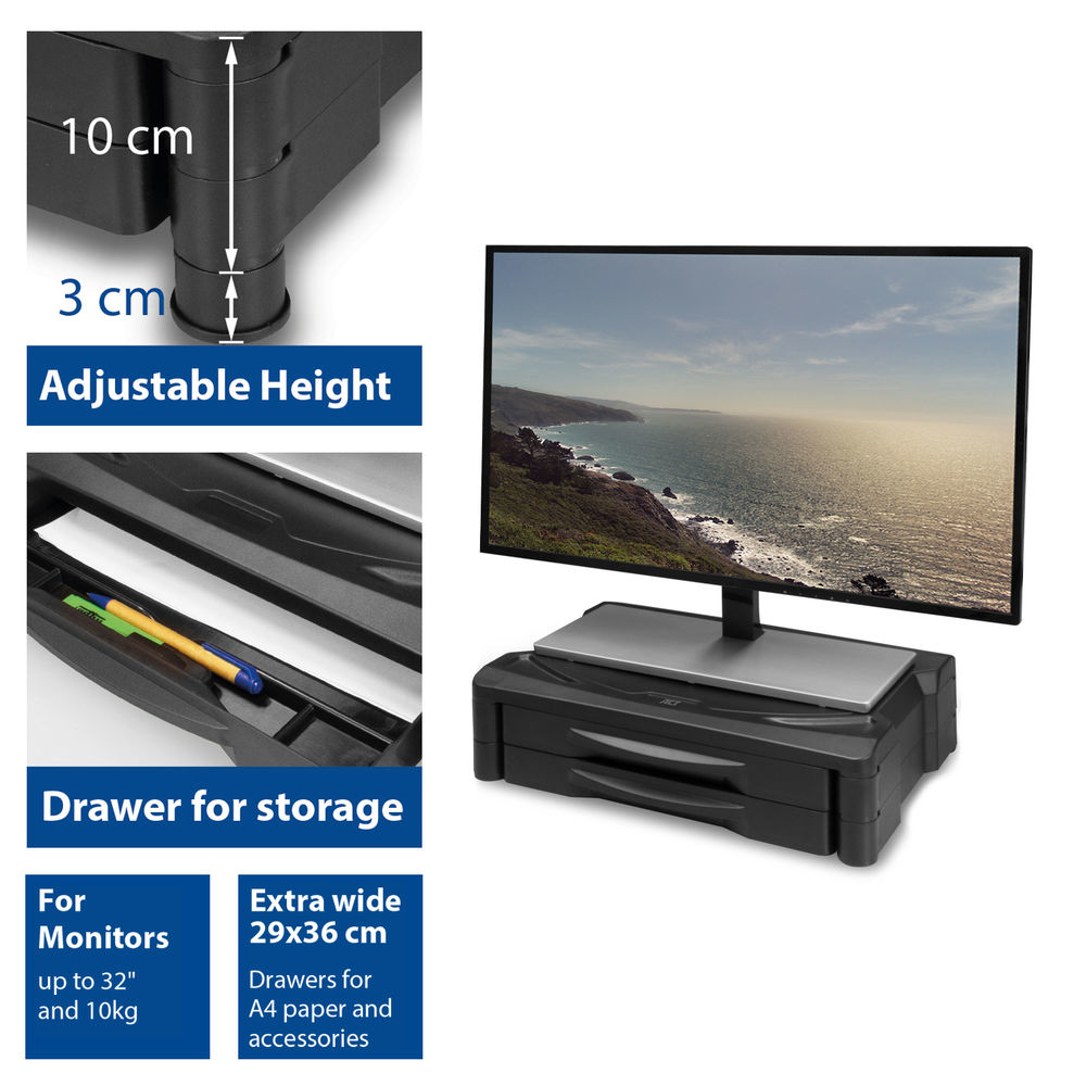 Monitor Stand Extra Wide With Two Drawers Up To 10kg Adjustable Height Black