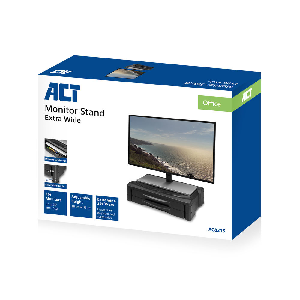 Monitor Stand Extra Wide With Two Drawers Up To 10kg Adjustable Height Black
