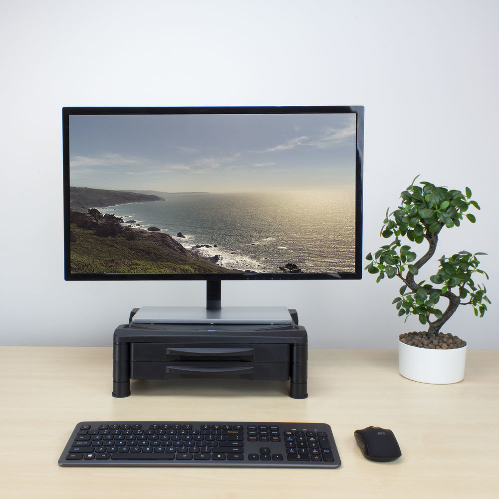 Monitor Stand Extra Wide With Two Drawers Up To 10kg Adjustable Height Black