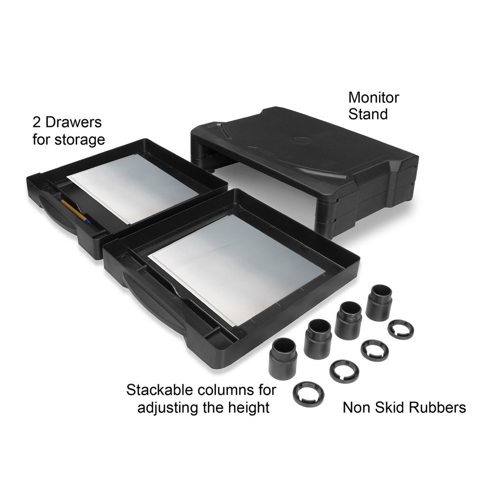 Monitor Stand Extra Wide With Two Drawers Up To 10kg Adjustable Height Black