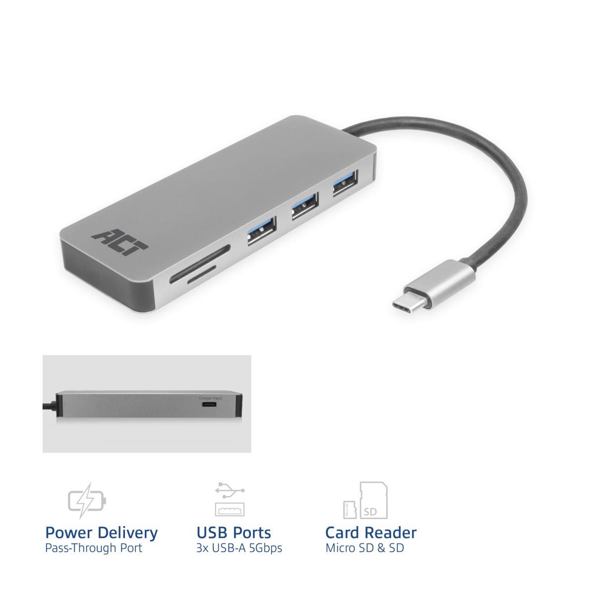 USB-C Hub and Card Reader with USB-A USB-C with PD Pass-Through Port 55W