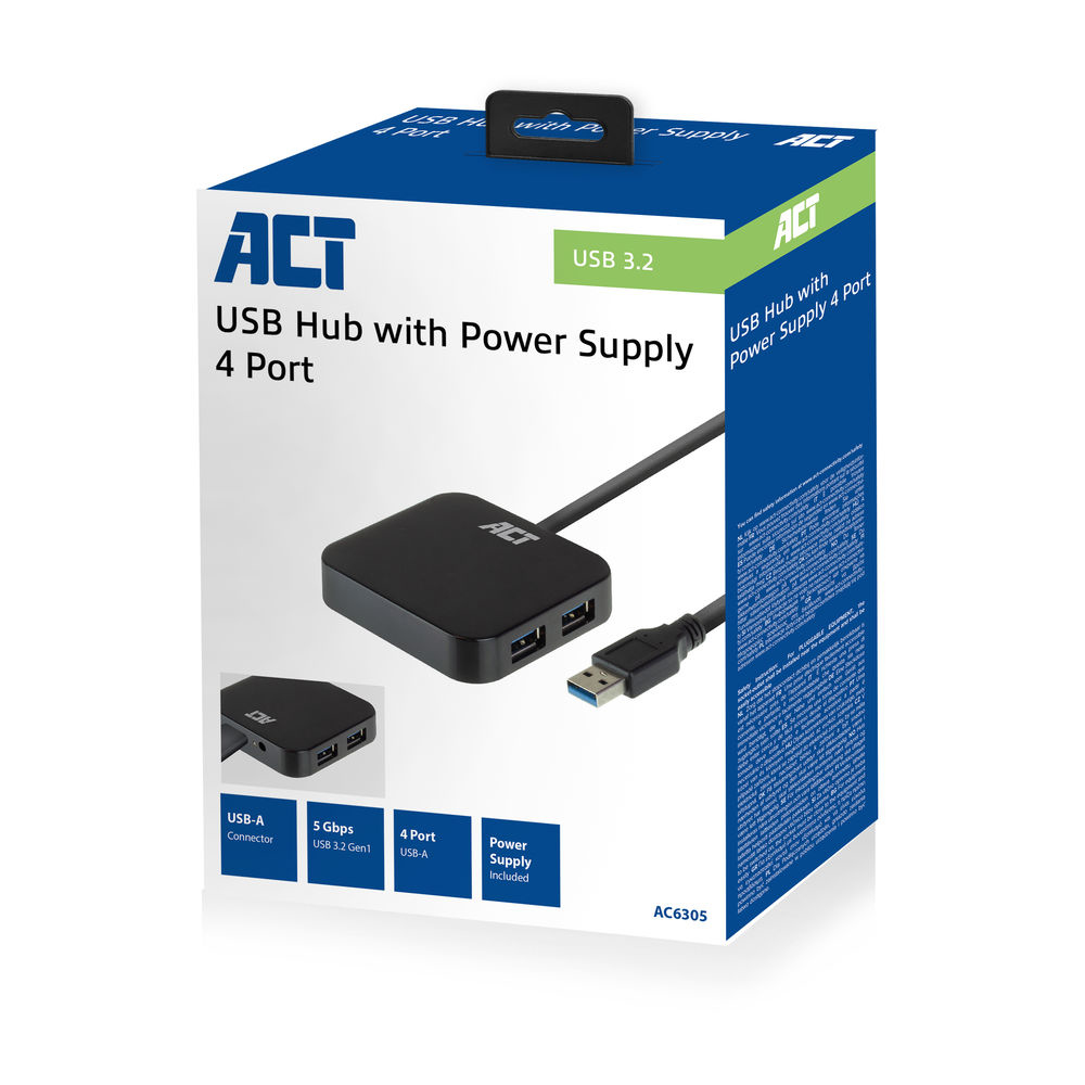 USB Hub 3.2 4x USB-A with Power Supply Black