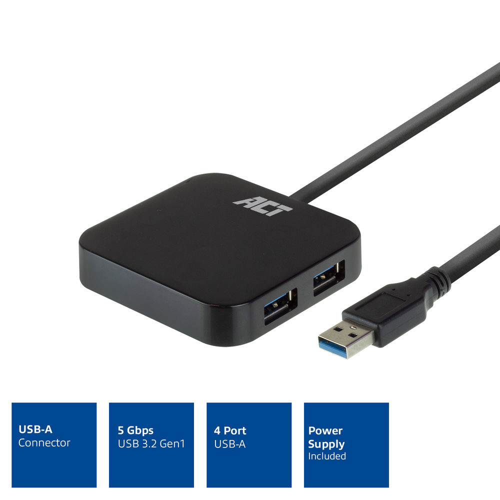 USB Hub 3.2 4x USB-A with Power Supply Black