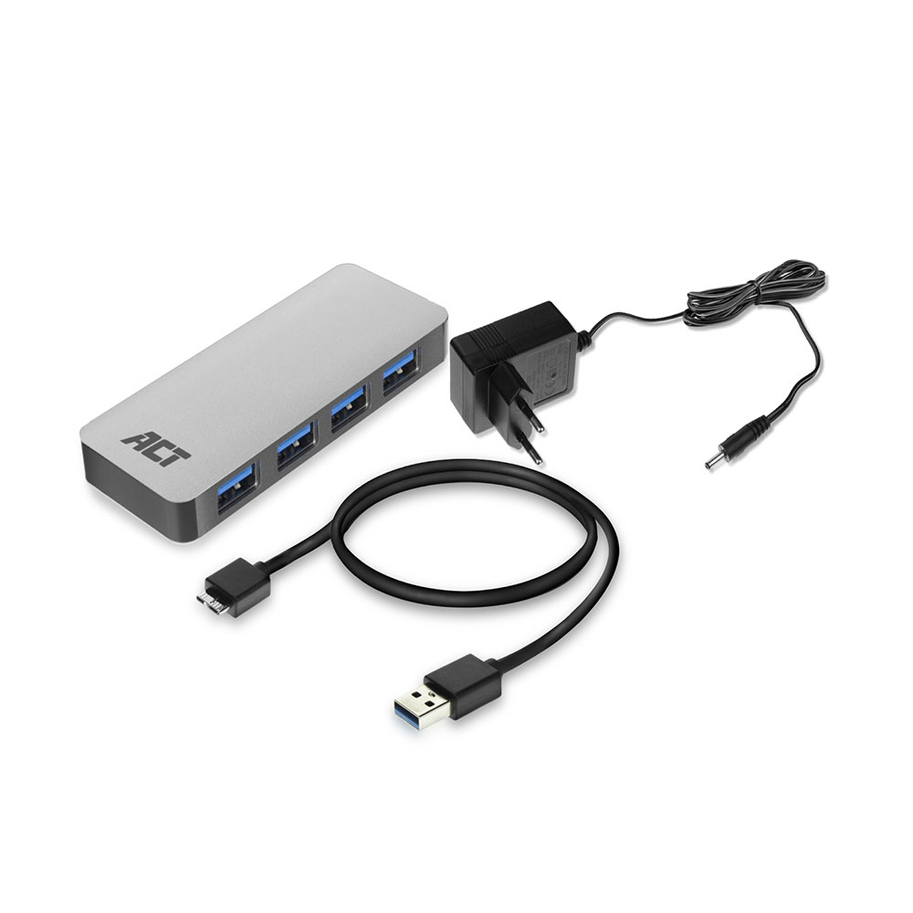 USB-A Hub with Power Supply Number of Ports: 4x USB A Female Cable Length 0.50m Aluminium Housing