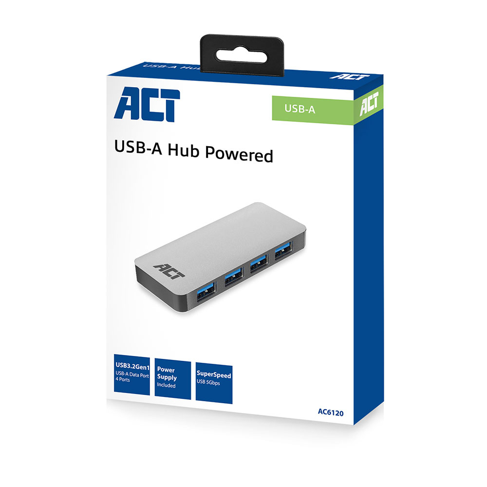 USB-A Hub with Power Supply Number of Ports: 4x USB A Female Cable Length 0.50m Aluminium Housing