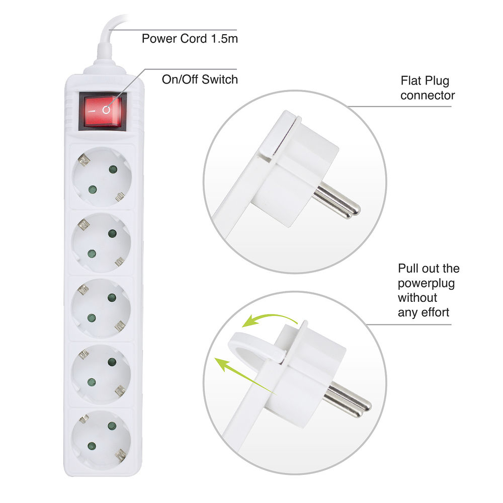 Power Strip with Illuminated Switch and Flat Plug 5 Sockets 1.5m White