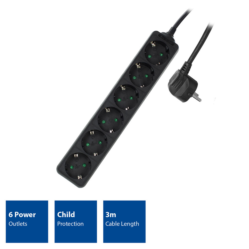 Power Strip 6 Sockets 3m Black