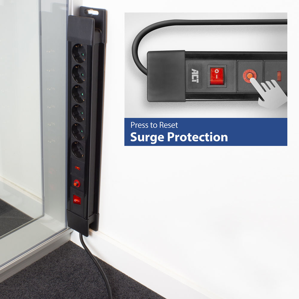 Power Strip With Surge Protection And Illuminated Switch 6 Sockets 1.5M Black