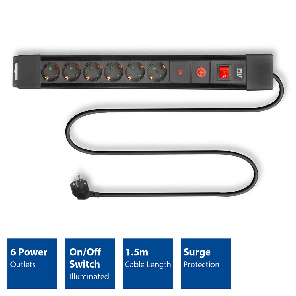 Power Strip With Surge Protection And Illuminated Switch 6 Sockets 1.5M Black