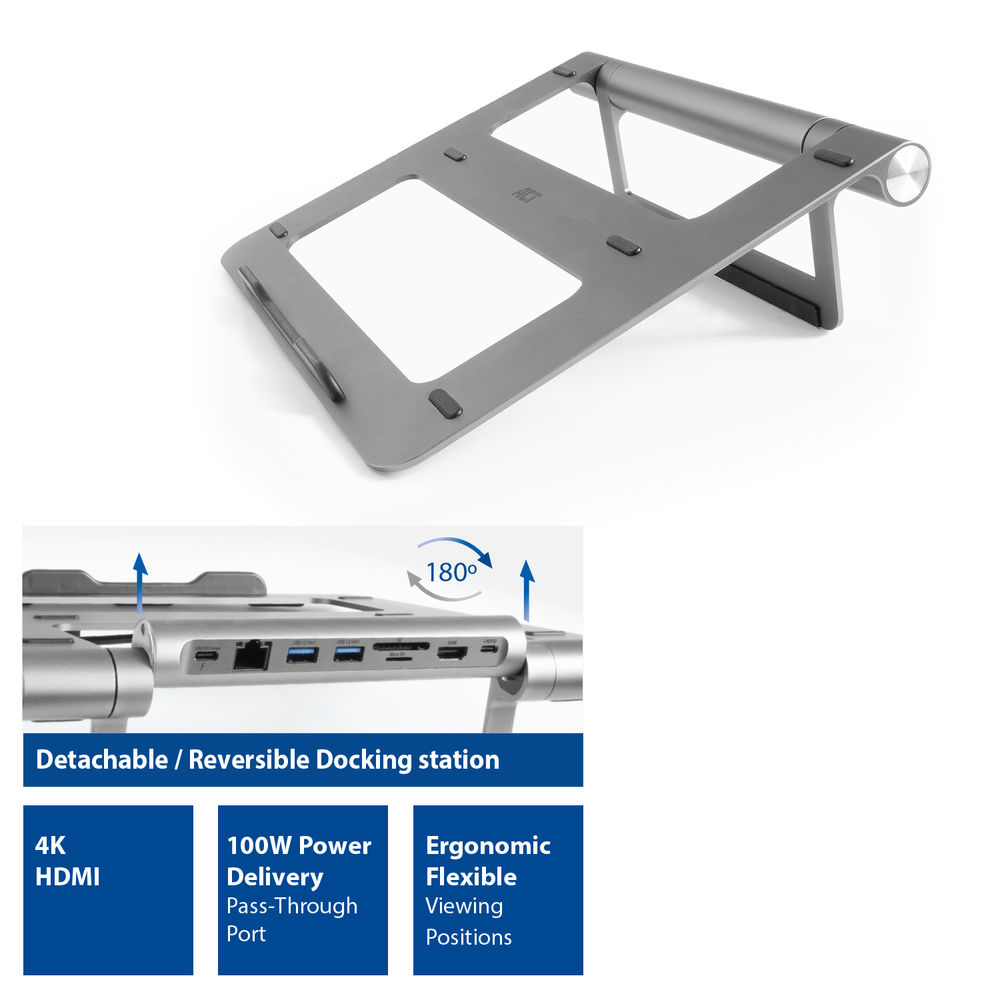 Laptop Stand Aluminium, Stepless Height Adjustable Detachable USB-C Docking Station