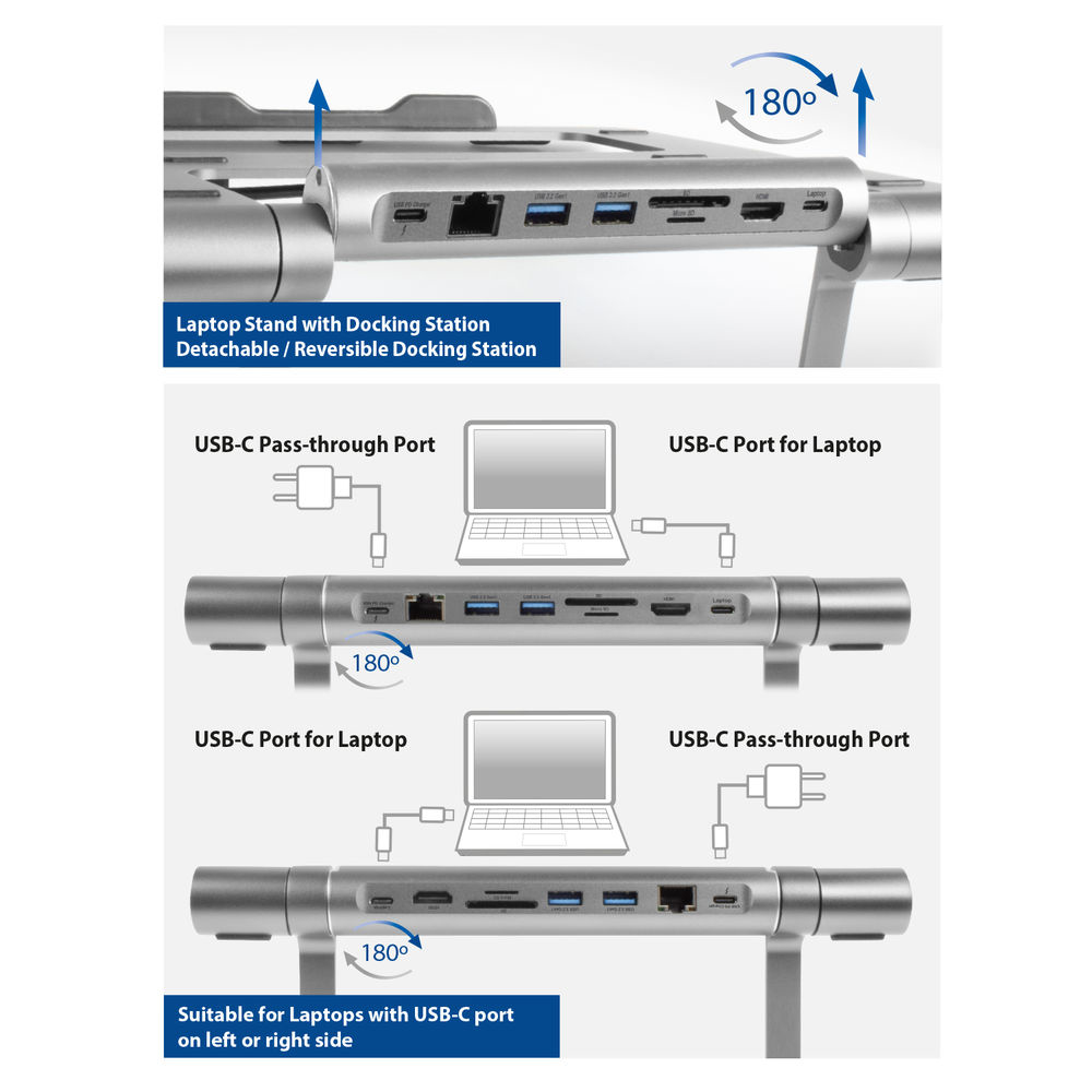 Laptop Stand Aluminium, Stepless Height Adjustable Detachable USB-C Docking Station