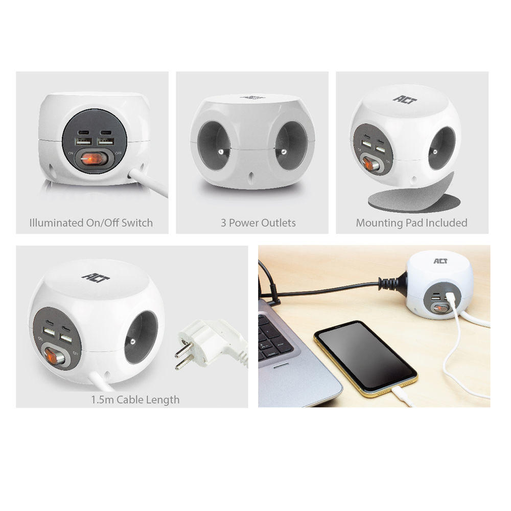 Power Socket Cube (PDU) with 3 Sockets Type E USB-C/USB-A Ports 1.5m