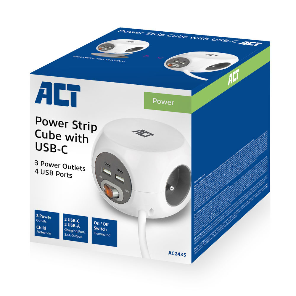Power Socket Cube (PDU) with 3 Sockets Type E USB-C/USB-A Ports 1.5m
