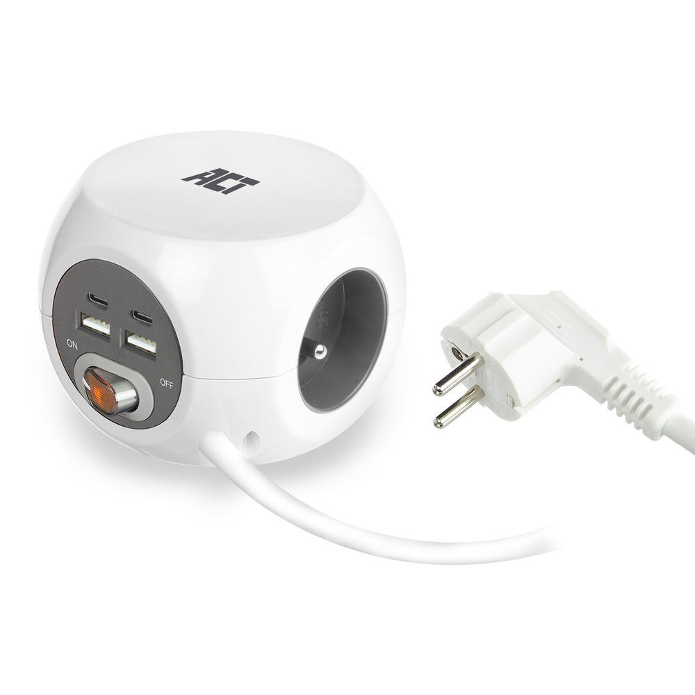 Power Socket Cube (PDU) with 3 Sockets Type E USB-C/USB-A Ports 1.5m