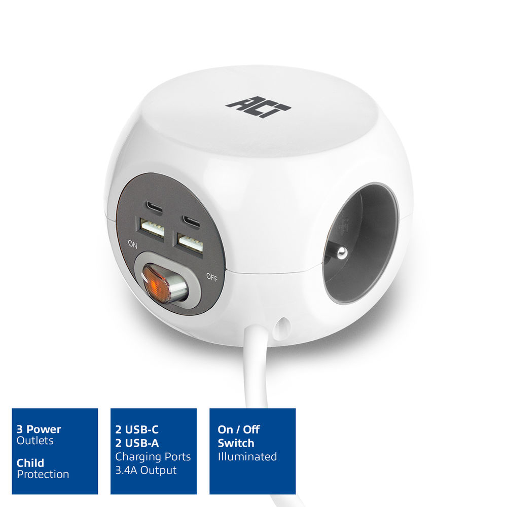 Power Socket Cube (PDU) with 3 Sockets Type E USB-C/USB-A Ports 1.5m