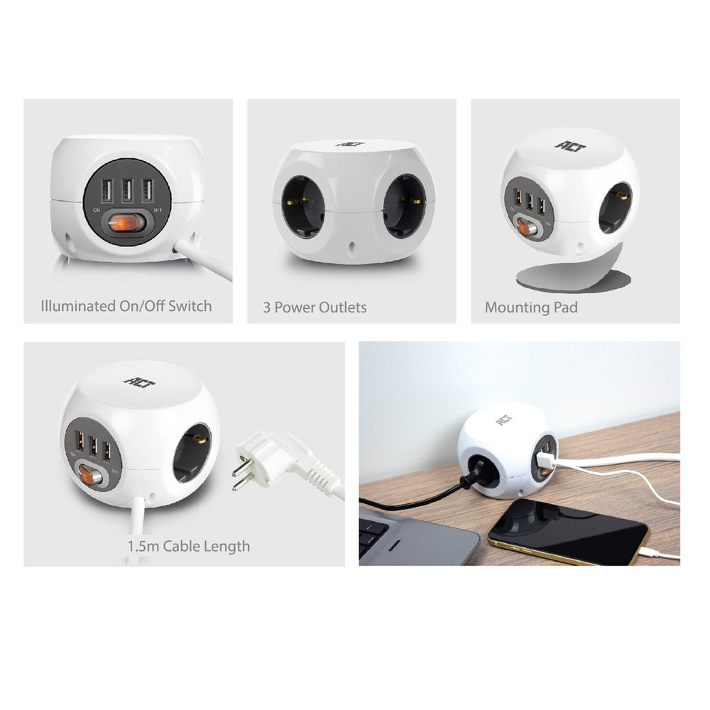 Power Socket Cube (PDU) with 3 Sockets Type F 3 USB-A Ports 1.5m