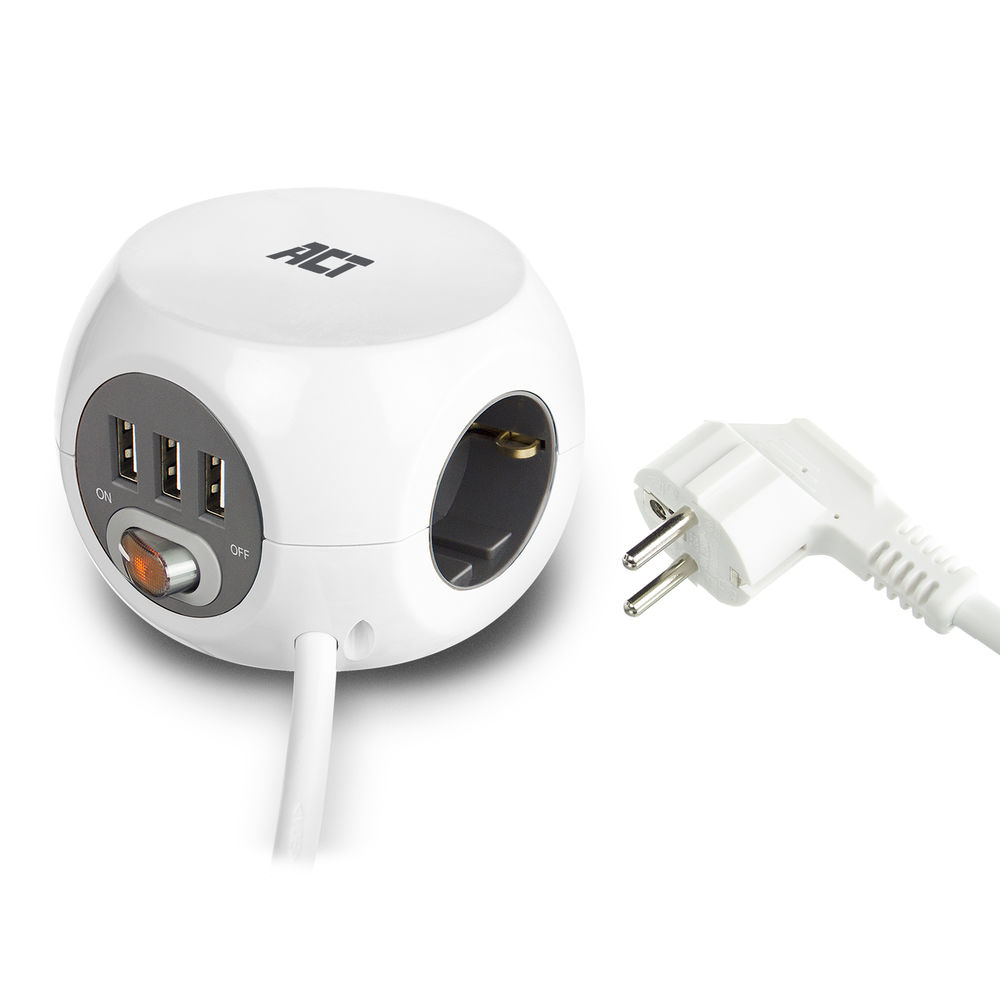 Power Socket Cube (PDU) with 3 Sockets Type F 3 USB-A Ports 1.5m