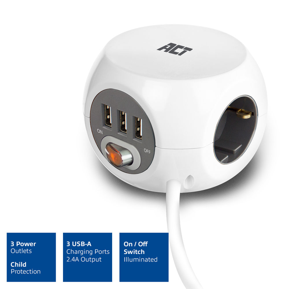 Power Socket Cube (PDU) with 3 Sockets Type F 3 USB-A Ports 1.5m