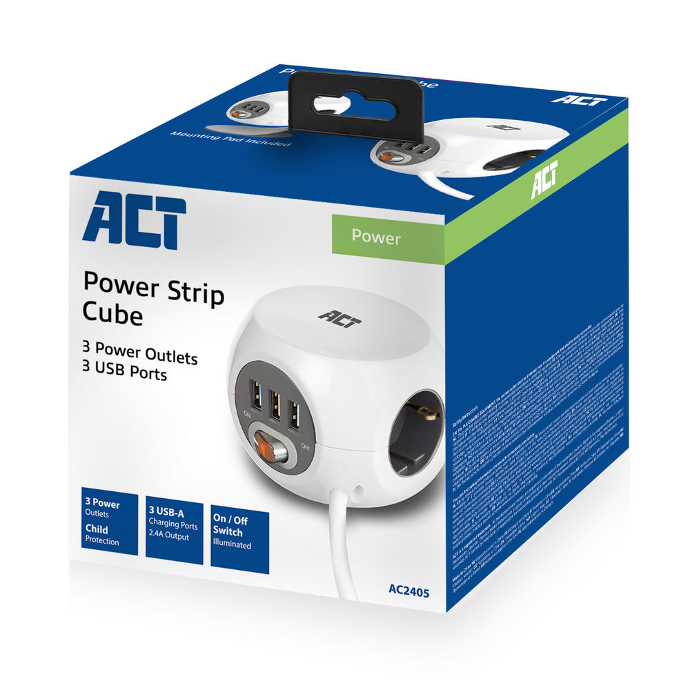 Power Socket Cube (PDU) with 3 Sockets Type F 3 USB-A Ports 1.5m