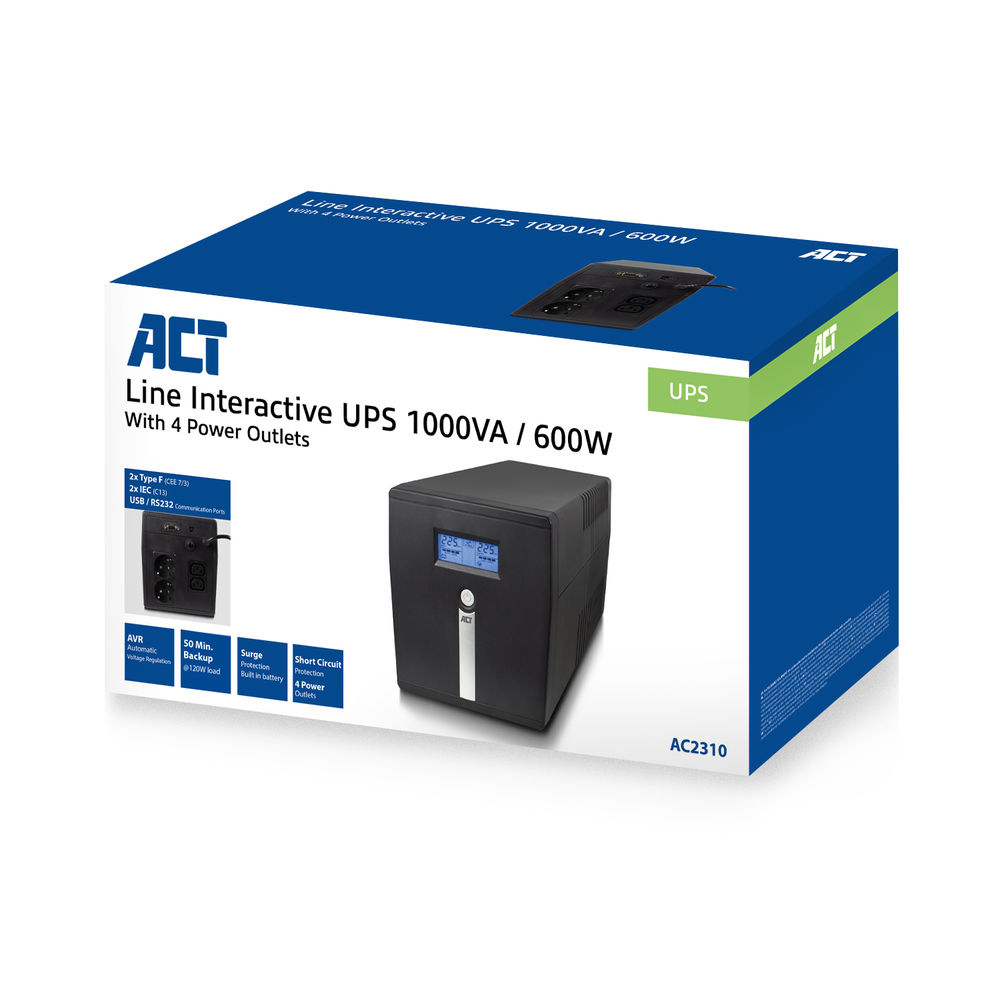 UPS 1000VA 2x IEC C13 2x Type F Female 1x USB, 1x RS232
