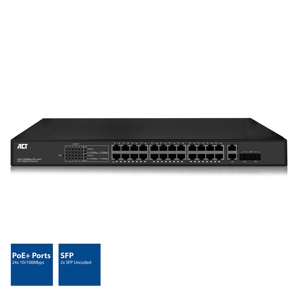 Network Switch - 10/100mbps - 24x Poe+ (30w) Port - 2 Gigabit Combo/uplink Ports For 2 Uncoded Sfp Modules 19in Mountable