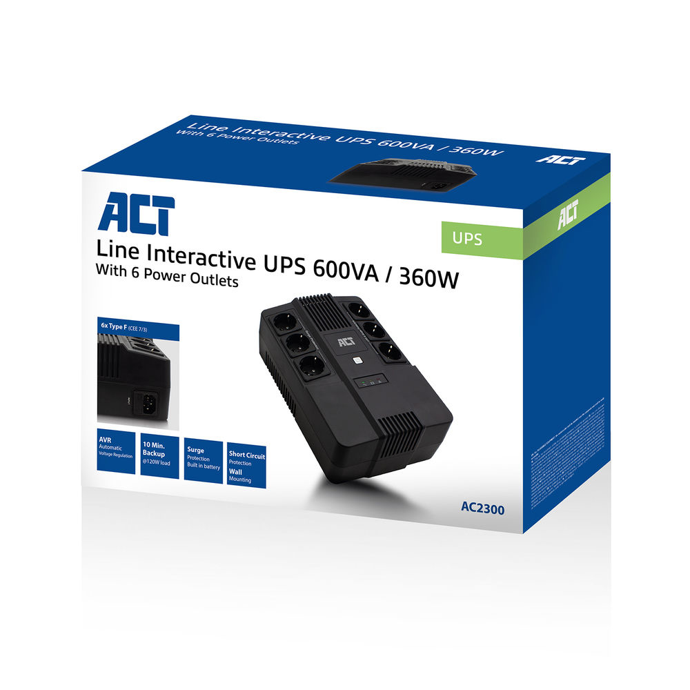 UPS 600 VA 6x Type F outlet 1x IEC C14 input 230V AVR