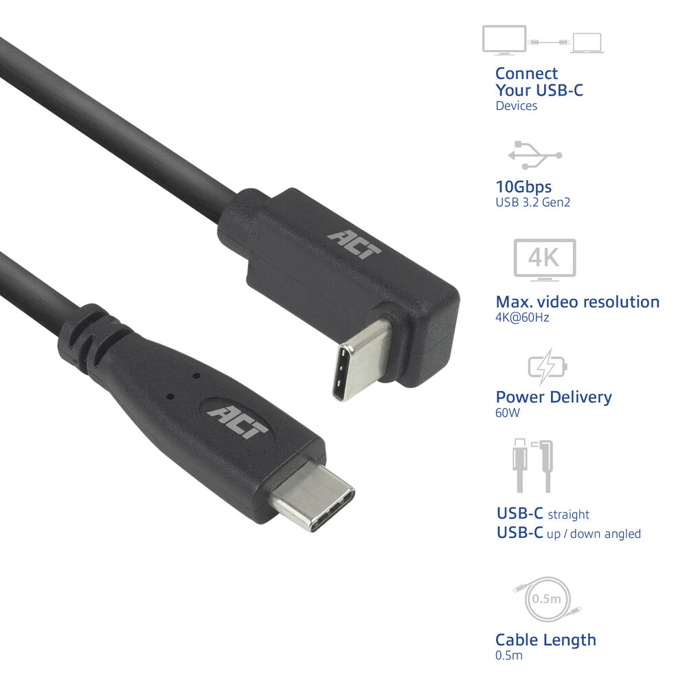 USB 3.0 10Gbps 60W USB Type-C (straight) to USB Type-C (up/down angled) Cable 50cm