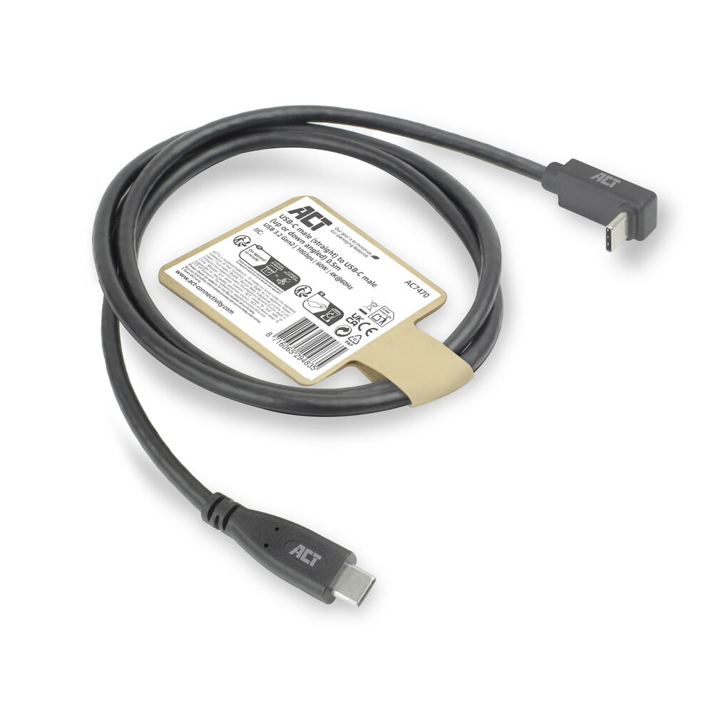 USB 3.0 10Gbps 60W USB Type-C (straight) to USB Type-C (up/down angled) Cable 2m