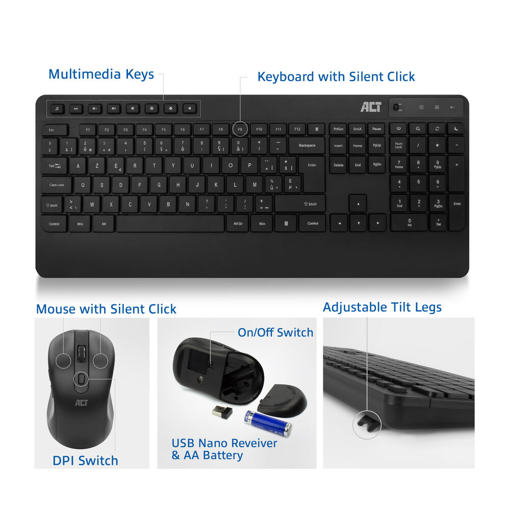 Wireless Keyboard And Mouse Bundle (azerty) Silent Click Eco-friendly Made From Recycled Materials