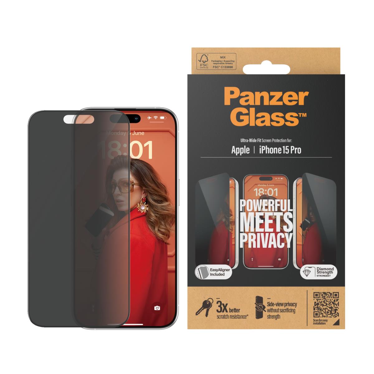 Screen Protector Apple iPhone 15 Pro 6.1in Ultra-wide Fit Privacy With Aligner